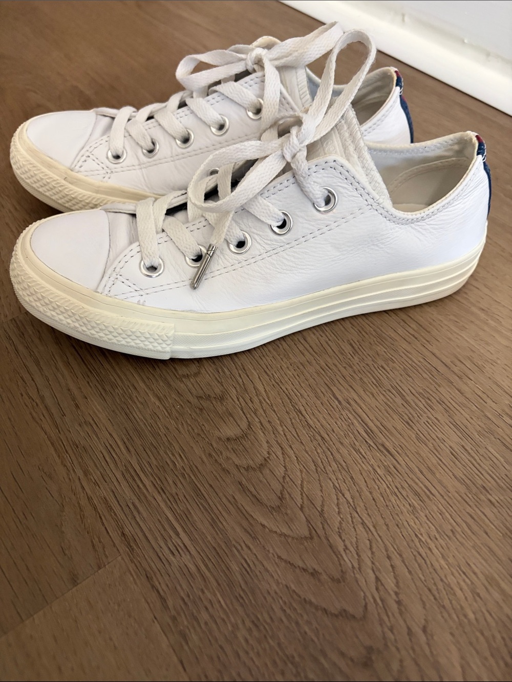 Converse Kids White Low-Top Leather Sneakers with Subtle Navy Heel Tab